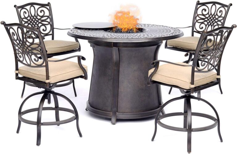 Three season outdoor dining table with 40,000 BTU Fire Pit Table. Includes 4 Durable and beautiful cast aluminum finished cushioned swivel chairs.