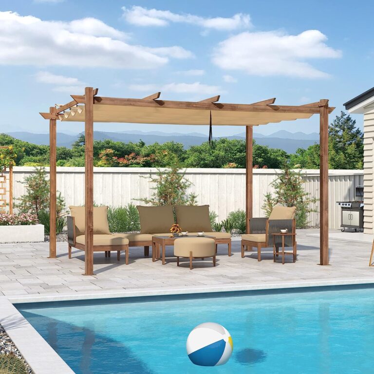 Great Space on a Budget this 10X13 Pergola with Retractile Canopy Roof is perfect Cabin Backyard or Poolside.